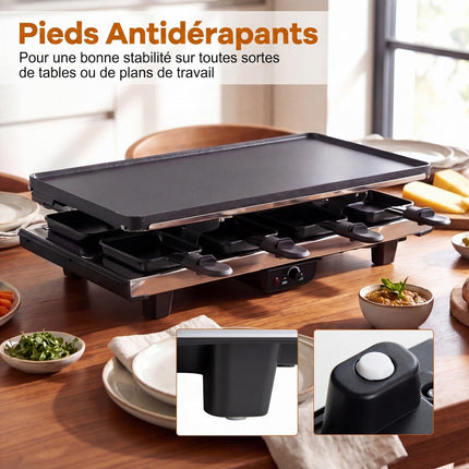 1400W Raclette Grill with Reversible Non-Stick Plate, 8 Pans
