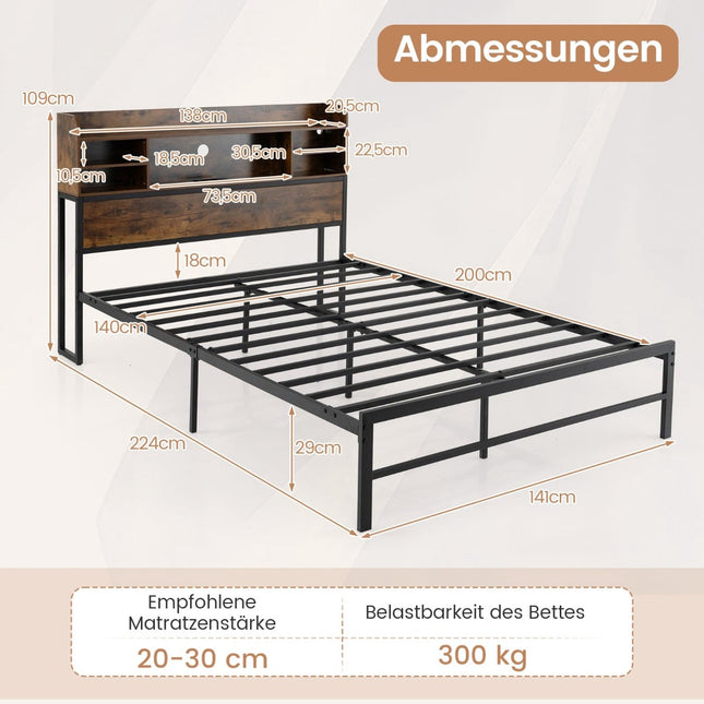 140 x 200 cm Bed Frame with LED Lights & Charging Station