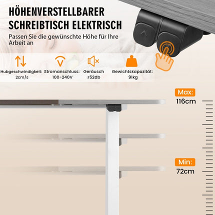 140 x 70 cm Electric Height Adjustable Desk with Stop Mechanism & Hook Gray