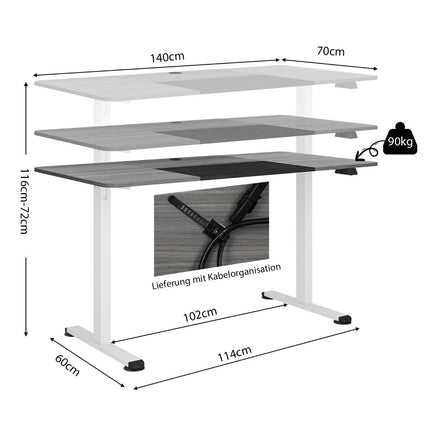 140 x 70 cm Electric Height Adjustable Desk with Stop Mechanism & Hooks Dark Gray