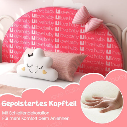 140 x 70 cm children's bed with soft headboard and footboard slatted frame baby bed pink bow