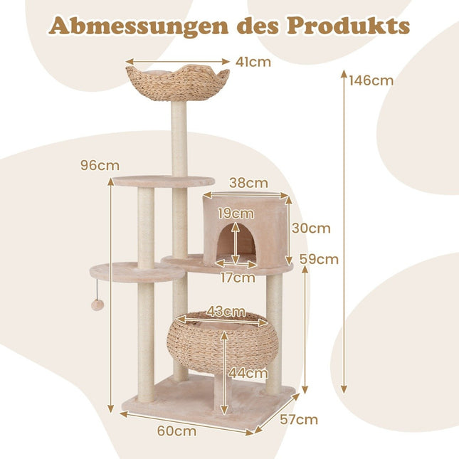 146 cm scratching post with cat cave & perch & cattail cat basket cat tree