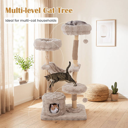 147cm Cat Tree Tower with Sisal Poles and Plush Hammock
