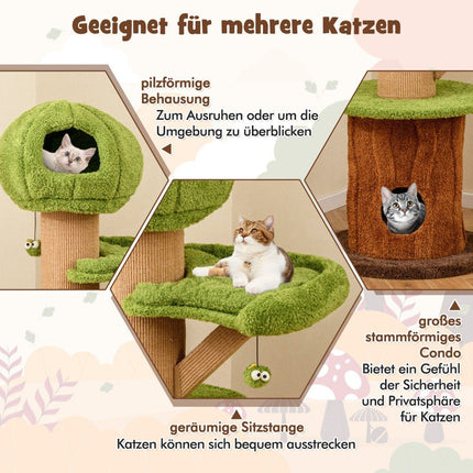 148 cm mushroom cat tree with 2 cute caves & plush berth cat tower climbing tower