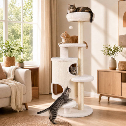 150 cm White Cat Tree with 6 Levels and 2 Caves