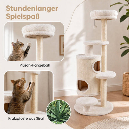 150 cm White Cat Tree with 6 Levels and 2 Caves