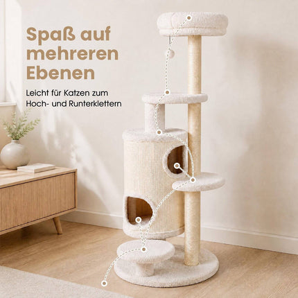 150 cm White Cat Tree with 6 Levels and 2 Caves