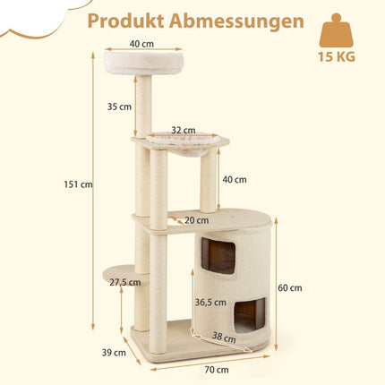 151cm Cat Tree with 2-Story House & Hammock