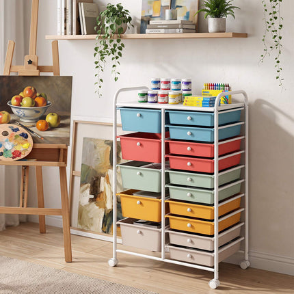 15-Drawer Rainbow Rolling Storage Cart with Lockable Wheels