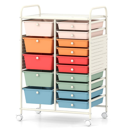 15-Drawer Rolling Storage Cart with Metal Top & Pegboard