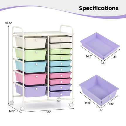 15-Drawer Rolling Storage Cart with Multicolor Drawers
