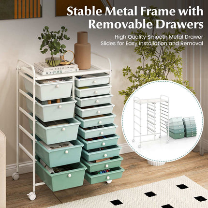 15-Drawer Rolling Utility Cart, Lime Green Storage Organizer