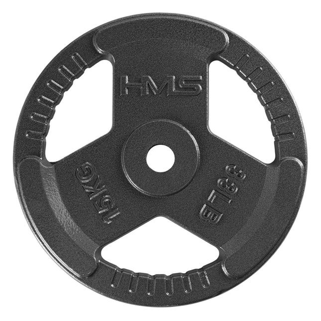 Gewichtsschijf van gietijzer van 15 kg, met ergonomische handgrepen.