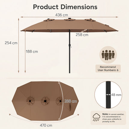 15ft Double-Sided Patio Umbrella, Solar LED Lights, Brown