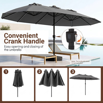 15ft Double-Sided Patio Umbrella, Solar LED Lights, Grey