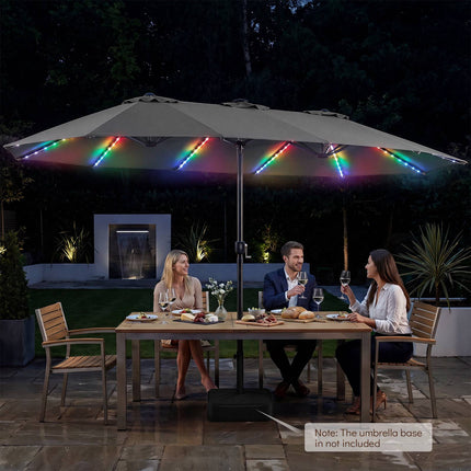 15ft Double-Sided Patio Umbrella, Solar LED Lights, Grey