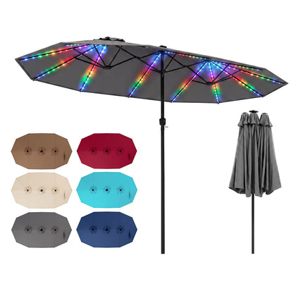 15ft Double-Sided Patio Umbrella, Solar LED Lights, Grey