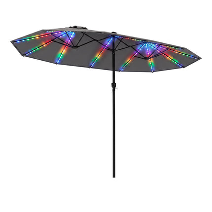 15ft Double-Sided Patio Umbrella, Solar LED Lights, Grey