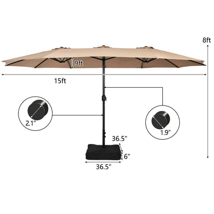 15ft Double-Sided Patio Umbrella With Crank and Base, Coffee