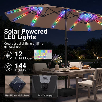15ft Double-Sided Patio Umbrella with Solar LED Lights