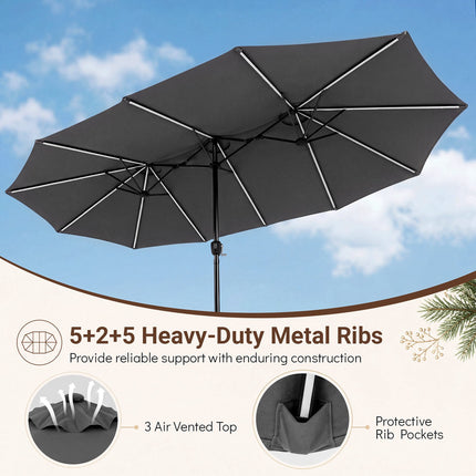 15ft Double-Sided Patio Umbrella with Solar LED Lights