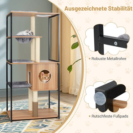 160 cm wooden scratching post with cave & hammock & scratching post 5 level cat scratching post