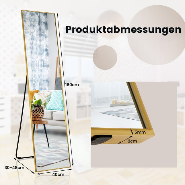160 x 40 cm full-length mirror 2 in 1 standing mirror & wall mirror made of shatterproof glass gold