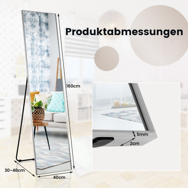 160 x 40 cm full-length mirror 2 in 1 standing mirror & wall mirror made of shatterproof glass silver