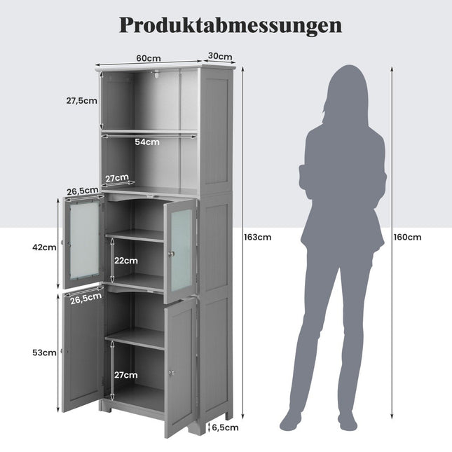 163cm High Bathroom Cabinet Freestanding Storage Cabinet with Glass Doors & Adjustable Shelves Gray