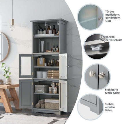 163cm High Bathroom Cabinet Freestanding Storage Cabinet with Glass Doors & Adjustable Shelves Gray