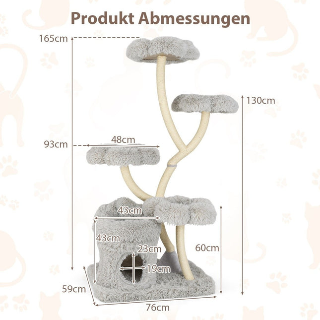 165cm Cat Tree with Sisal Posts & 4 Platforms, Grey