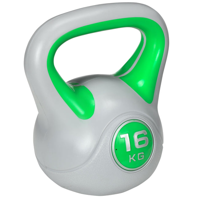 16 kg kettlebell met platte basis en brede handgreep, groen