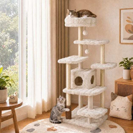 170cm Beige Cat Tree with Scratching Post & Cave