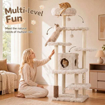 170cm Beige Cat Tree with Scratching Post & Cave