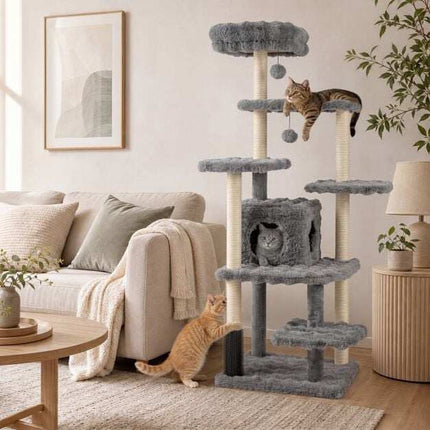 170cm Grey Cat Tree with Sisal Posts and Cave
