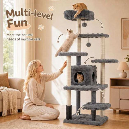 170cm Grey Cat Tree with Sisal Posts and Cave