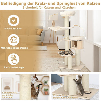 174 cm cat tree made of solid wood 4-tier cat tower natural