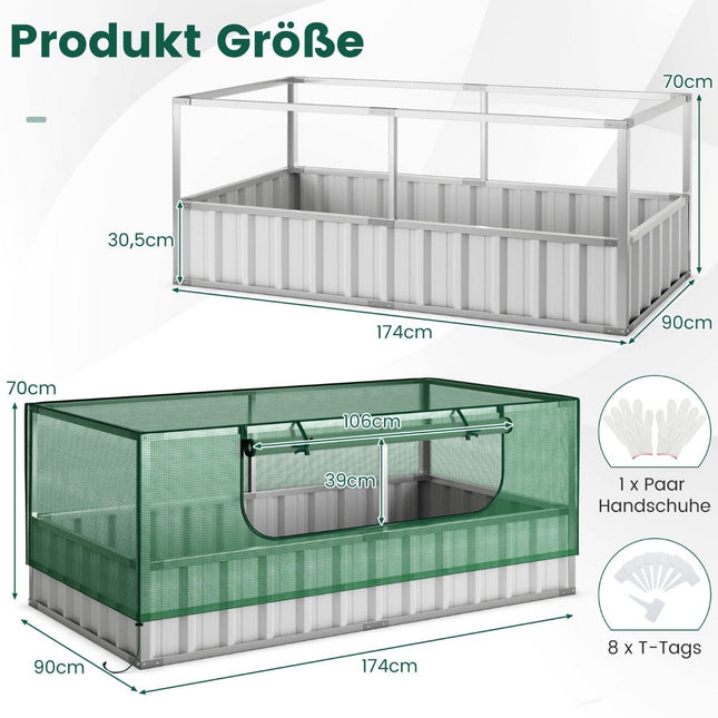 174 x 90 x 70 cm galvanized raised bed with greenhouse cover green and silver