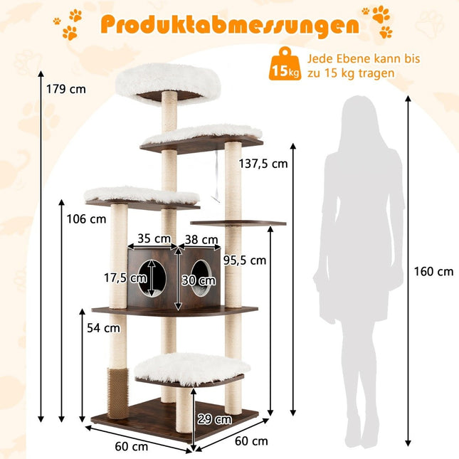 175cm cat tree 6-tier cat scratching post wooden cat scratching post playhouse with cave and 5 mats activity tree climbing tree cat house
