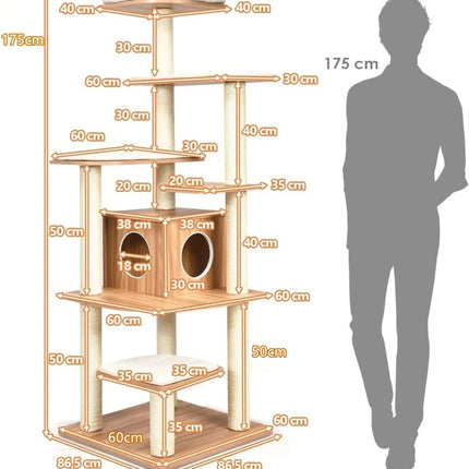 175cm cat tree 6-tier cat scratching post wooden scratching post playhouse with cave and 5 mats