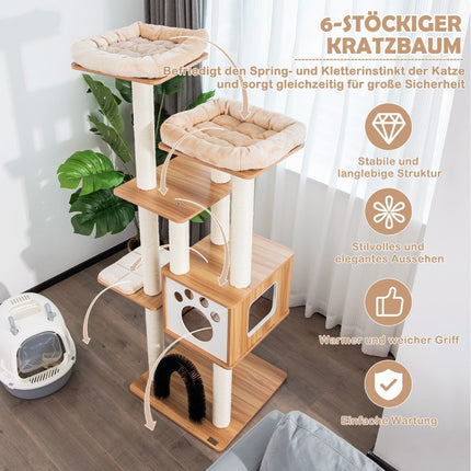 176 cm 6-Tier Scratching Post with Cozy Mats & Cave & Cat Arch Beige