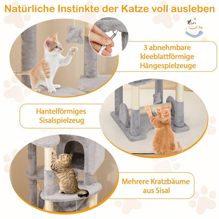 176 cm wooden scratching post with cave & basket bed & hammock & sisal post cat tree
