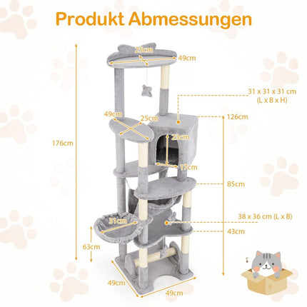 176 cm wooden scratching post with cave & basket bed & hammock & sisal post cat tree