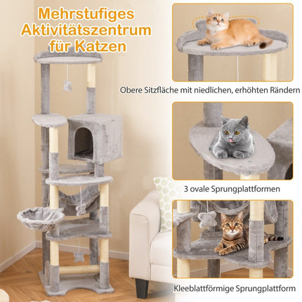176 cm wooden scratching post with cave & basket bed & hammock & sisal post cat tree
