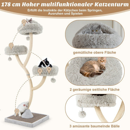 178 cm cat tree with sisal scratching posts & 3 warm lying surfaces & plush balls gray