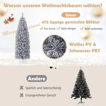 180 cm Artificial Pencil Christmas Tree with 250 Cool White LEDs Slim White + Black