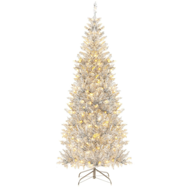 180cm Pencil Tinsel Christmas Tree with Warm White LED Lights Slim Christmas Tree