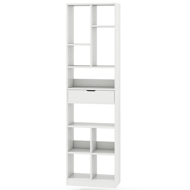 180cm White Bookshelf with Drawer and 10 Open Shelves