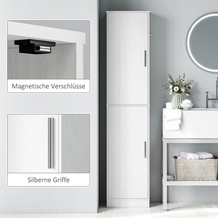 180 cm high bathroom cabinet, narrow bathroom cabinet with 2 doors, 4 adjustable shelves, chipboard, MDF, white