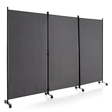 180 cm high room divider on wheels, folding screen with 3 freely combinable panels, grey